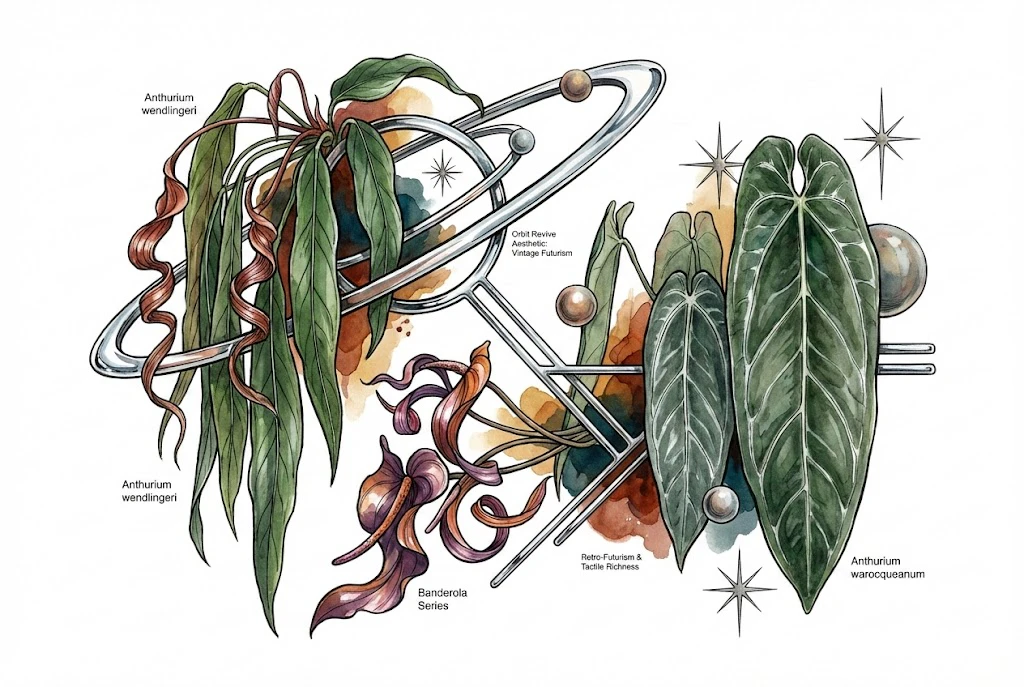 Concept illustration pairing stylized strap-leaf, ribbon-flowered, and velvet-leaf Anthurium forms with retro-futuristic chrome rings and geometric lines