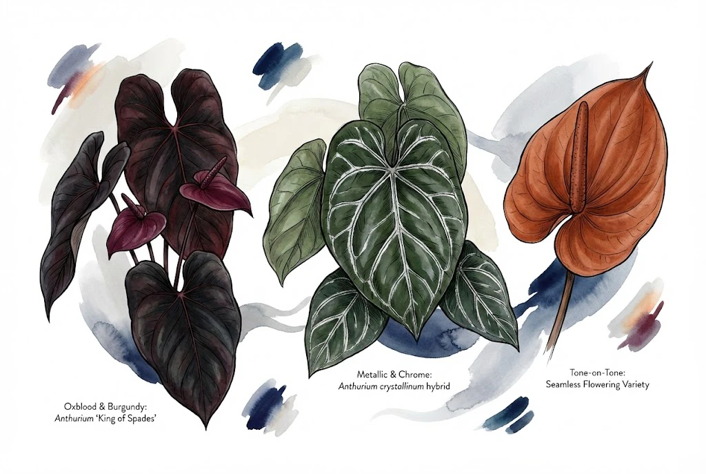 Concept illustration of a dark burgundy leaf, a silver-veined leaf, and an orange tone-on-tone flower shown as a palette against a neutral background