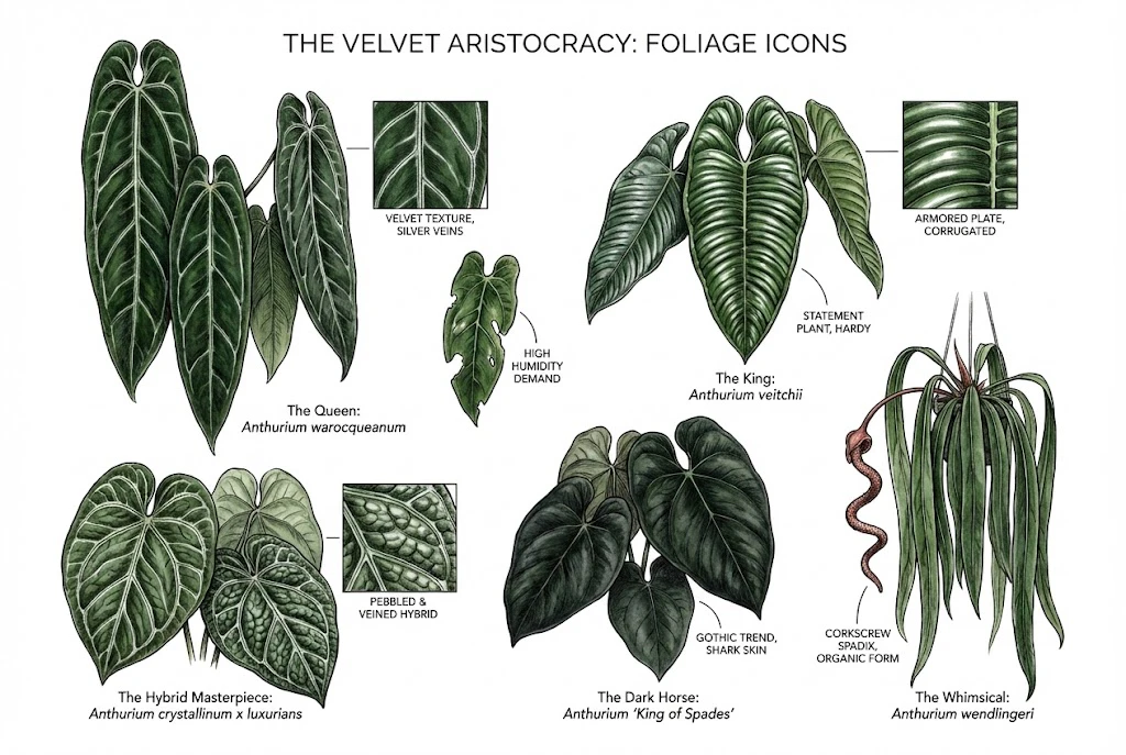 Concept illustration lining up five stylized Anthurium leaf and flower silhouettes with name labels
