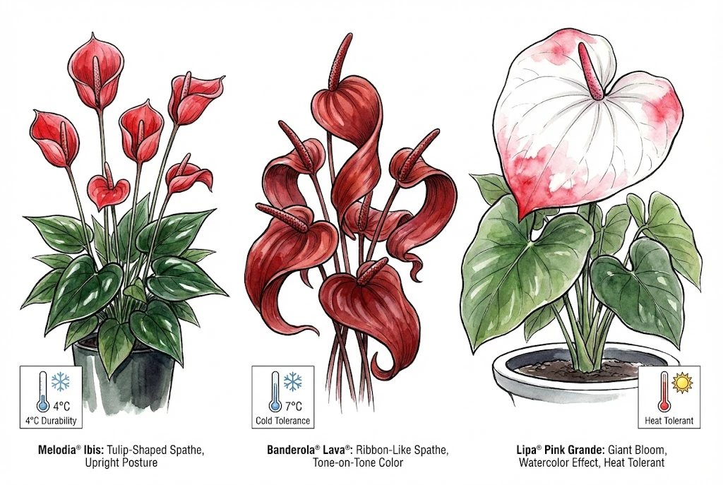 Concept illustration of three commercial Anthurium flowers: a cup-shaped red bloom (Melodia Ibis), a twisting ribbon-like red spathe (Banderola Lava), and a white-with-red-tip bloom (Lipa Pink Grande)