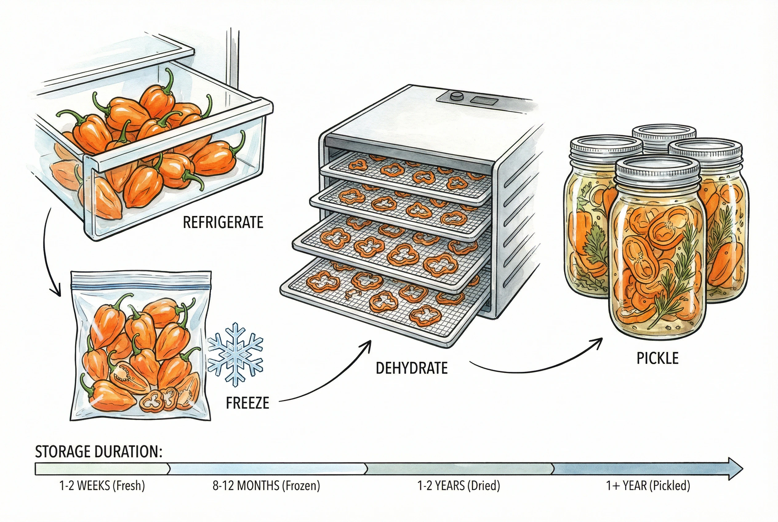 Illustration of pepper preservation methods including refrigerating, freezing, drying, and pickling