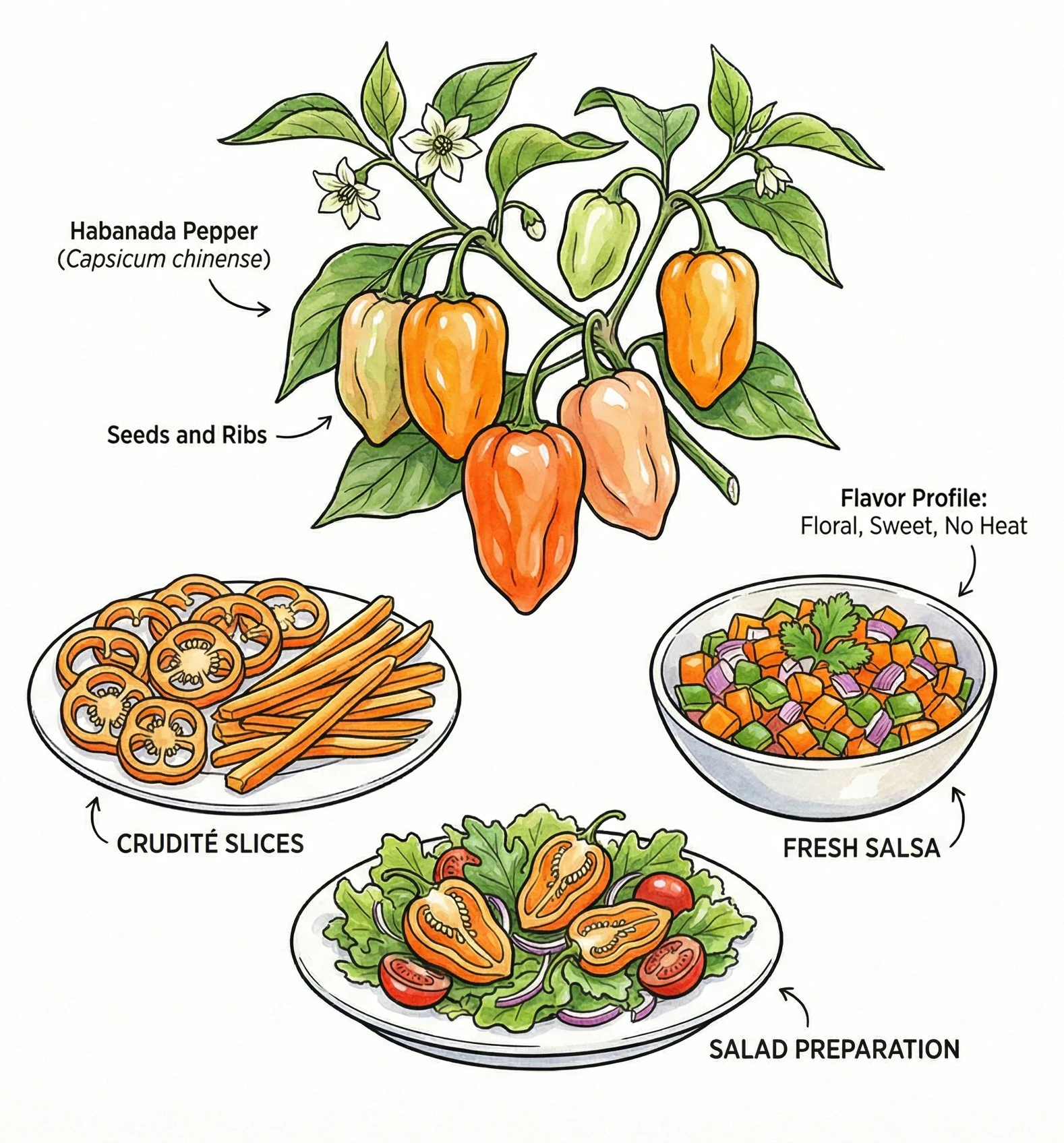 Raw Habanada peppers in salads and fresh dishes