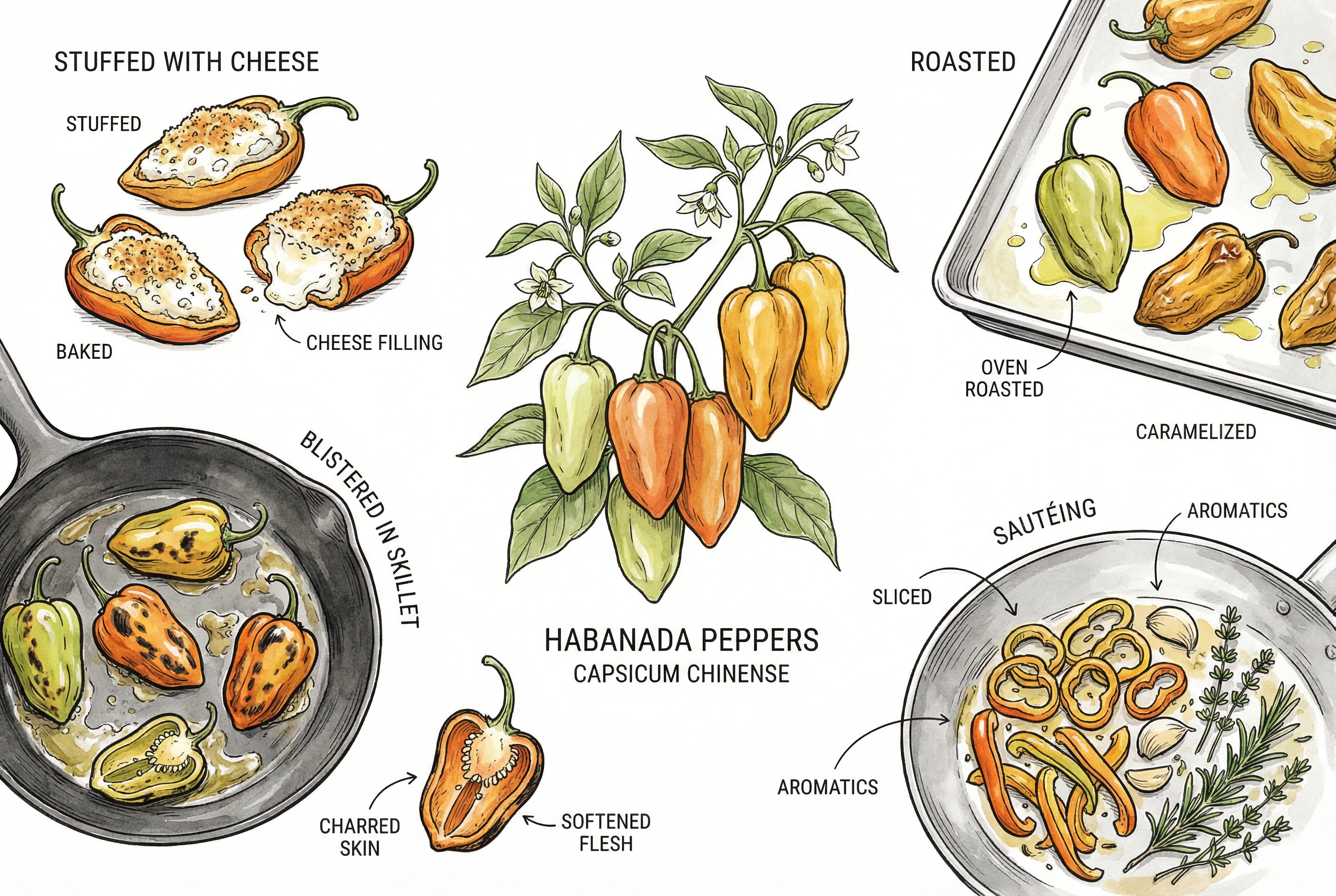 Roasted and blistered Habanada peppers in various dishes