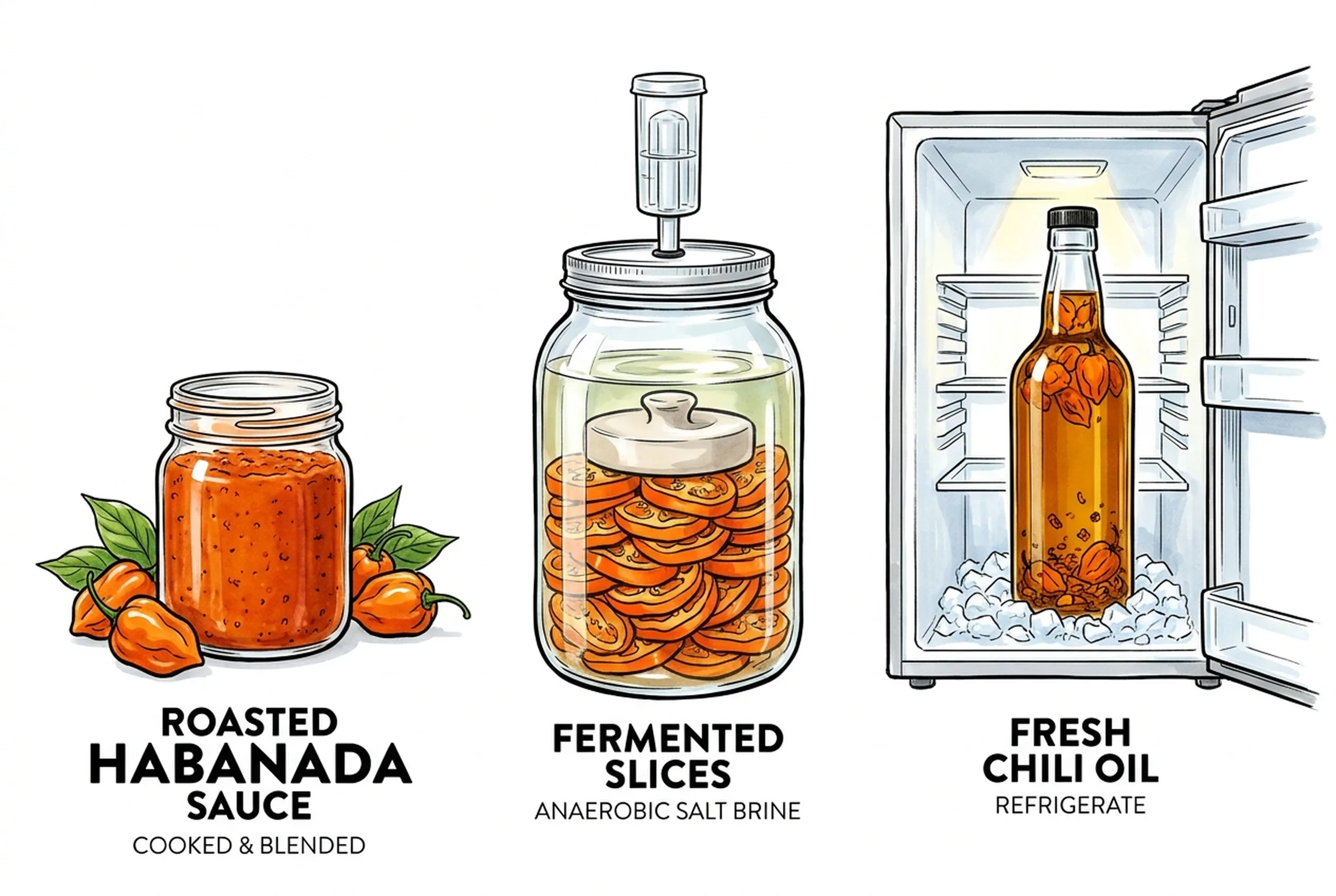Illustration of Habanada peppers made into hot sauce, a fermentation jar, and an infused oil bottle