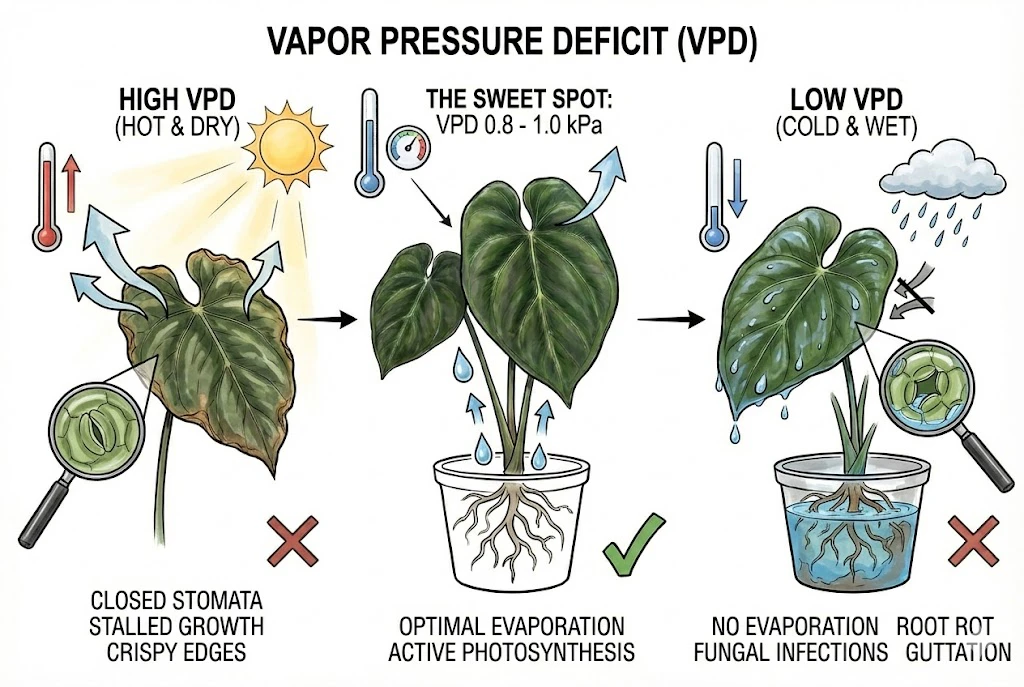 Conceptual illustration of how high, optimal, and low vapor pressure deficit affect a leaf. Directional; the sweet-spot value is a general target, not a KOS-specific optimum.