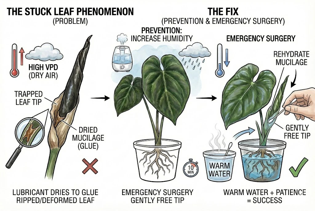 Conceptual illustration of a new leaf stuck in its sheath in dry air. Illustrative; the dried-mucilage mechanism is a hypothesis.