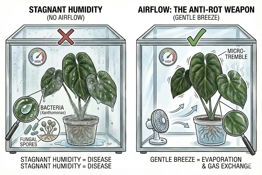 Conceptual illustration comparing a plant in stagnant humid air versus one with gentle air circulation. Illustrative.