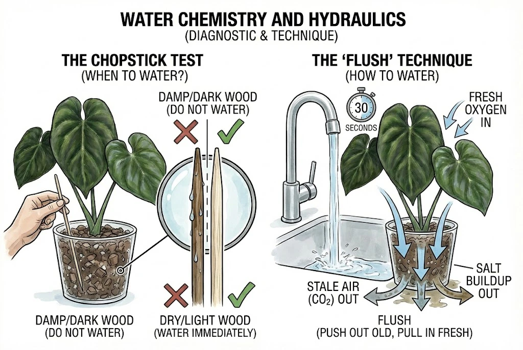 Conceptual illustration of the chopstick moisture check and thorough flushing when watering. Illustrative.