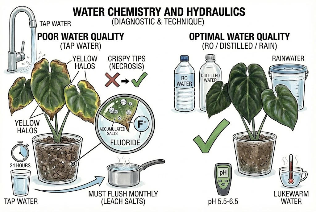 Conceptual illustration comparing leaf tip damage attributed to tap water versus purer water sources. Illustrative; actual water quality depends on your local report.