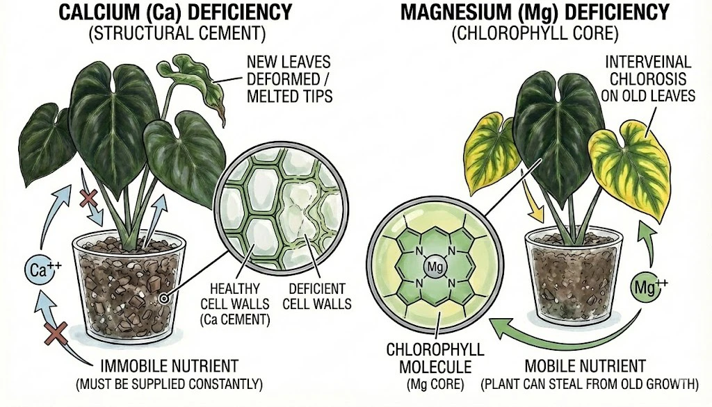 Conceptual illustration of calcium-deficiency symptoms on new leaves and magnesium-deficiency symptoms on old leaves. Symptoms shown are nonspecific.