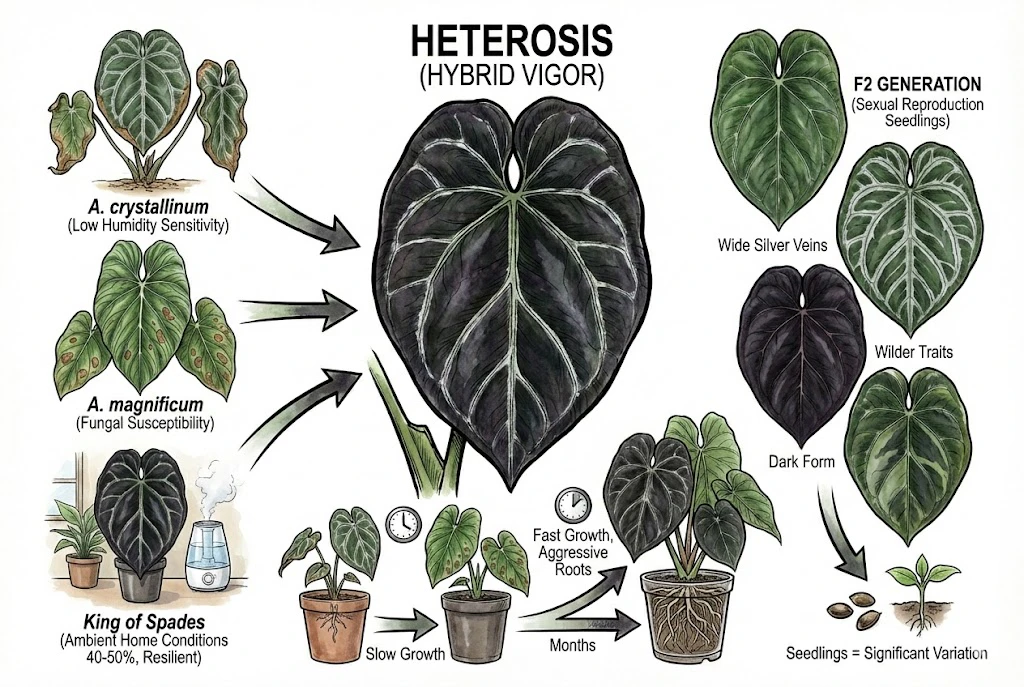 Conceptual illustration comparing a hybrid plant with parent species. Trait differences shown are illustrative, not from a controlled comparison.