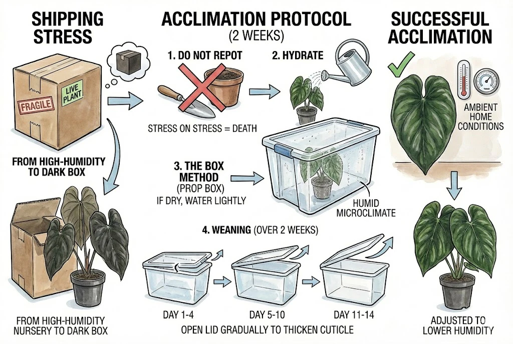 Conceptual illustration of a two-week humidity-bin timeline for acclimating a shipped plant. A humidity bin suits dry shipments, not already-wet or infected plants.