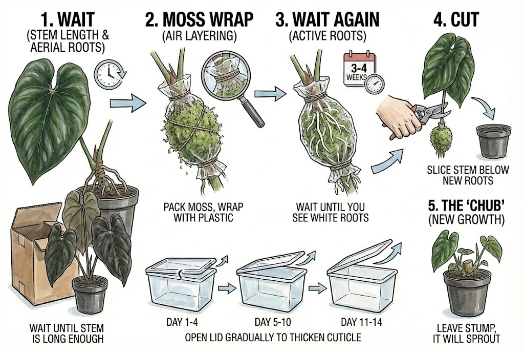 Conceptual illustration of air-layering: wrapping moss around aerial roots, then cutting and potting the top. Illustrative; timing varies.