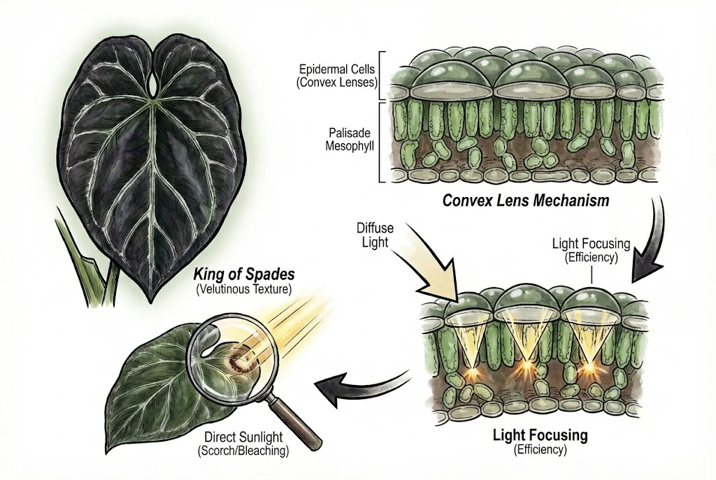 Conceptual illustration of dome-shaped upper leaf cells and how curved cells could focus light. Not a microscope image of a King of Spades leaf.