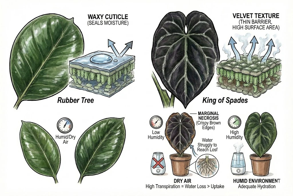 Conceptual illustration comparing water loss from a waxy leaf versus a velvet leaf in dry air. Illustrative, not measured from the King of Spades.