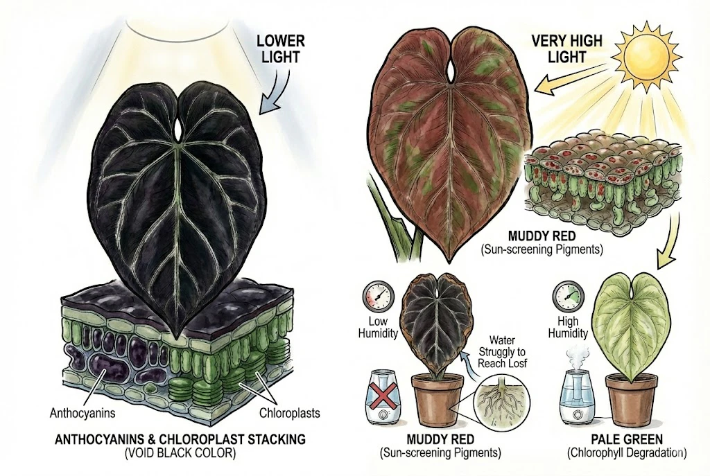 Conceptual illustration of how light intensity may shift leaf color between dark, reddish, and pale green. Illustrative, not from a pigment assay of this plant.