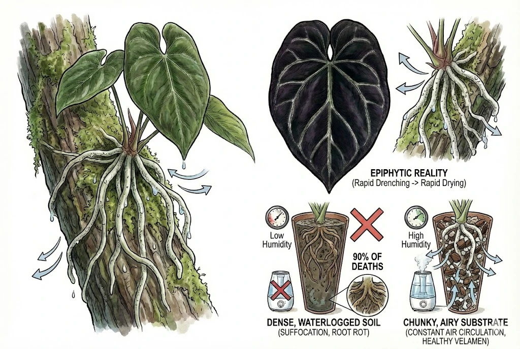 Conceptual illustration contrasting epiphytic roots with potted roots in dense versus airy substrate. Illustrative, not a measured comparison.