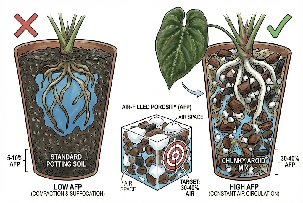 Conceptual illustration comparing roots in dense low-air substrate versus a chunky high-air mix. The porosity percentages are general references, not a measured KOS threshold.