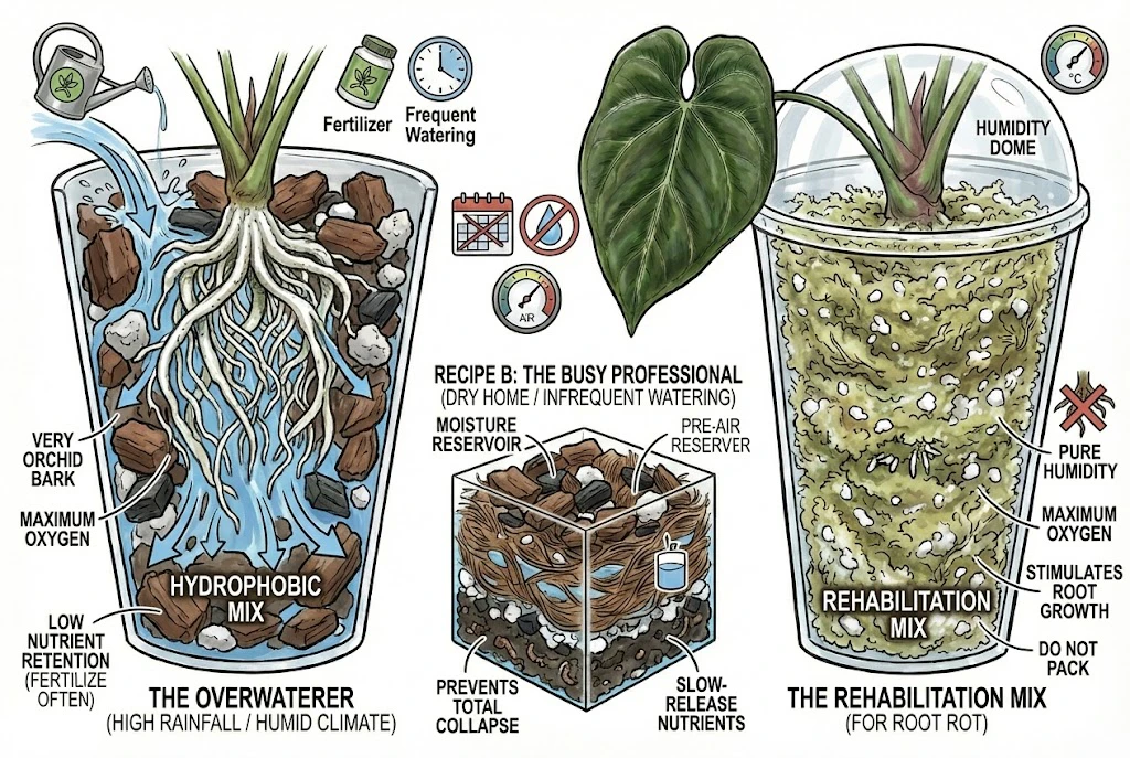 Conceptual illustration of three example substrate mixes matched to watering habits. Starting examples, not measured recipes.