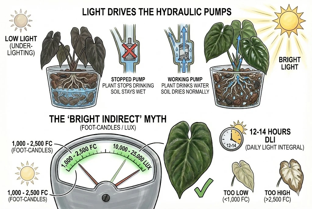 Conceptual illustration of how light drives photosynthesis and water use, with example light-meter readings. Illustrative, not measured from this plant.