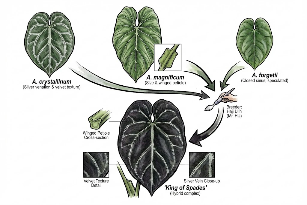Conceptual illustration linking Anthurium crystallinum, magnificum, forgetii and breeder Haji Ulih to the King of Spades. The parent species shown are speculative, not a documented pedigree.