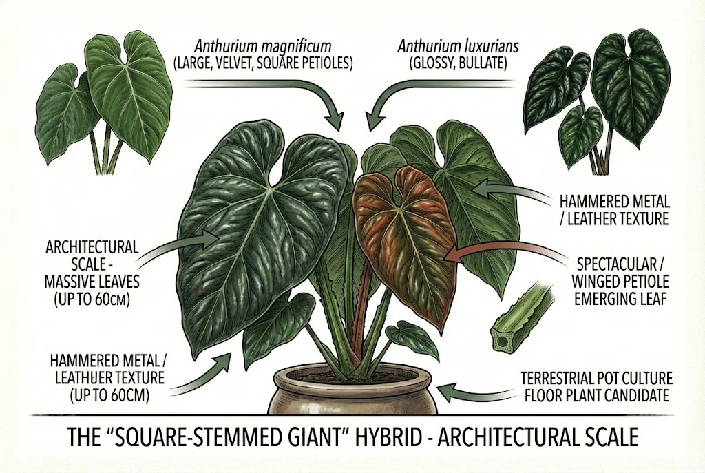 Conceptual illustration of Anthurium magnificum x luxurians and its parents. Note: the square petiole comes from magnificum; luxurians has a ribbed, near-cylindrical petiole.