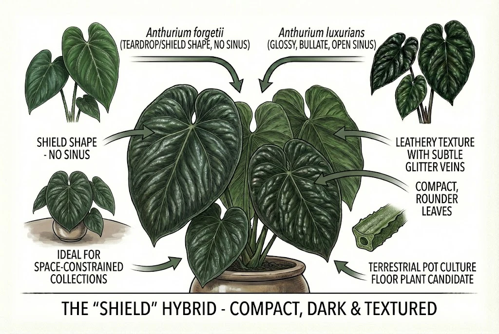 Conceptual illustration of Anthurium forgetii x luxurians. Note: A. forgetii has little or no sinus, which the diagram does not fully reflect.