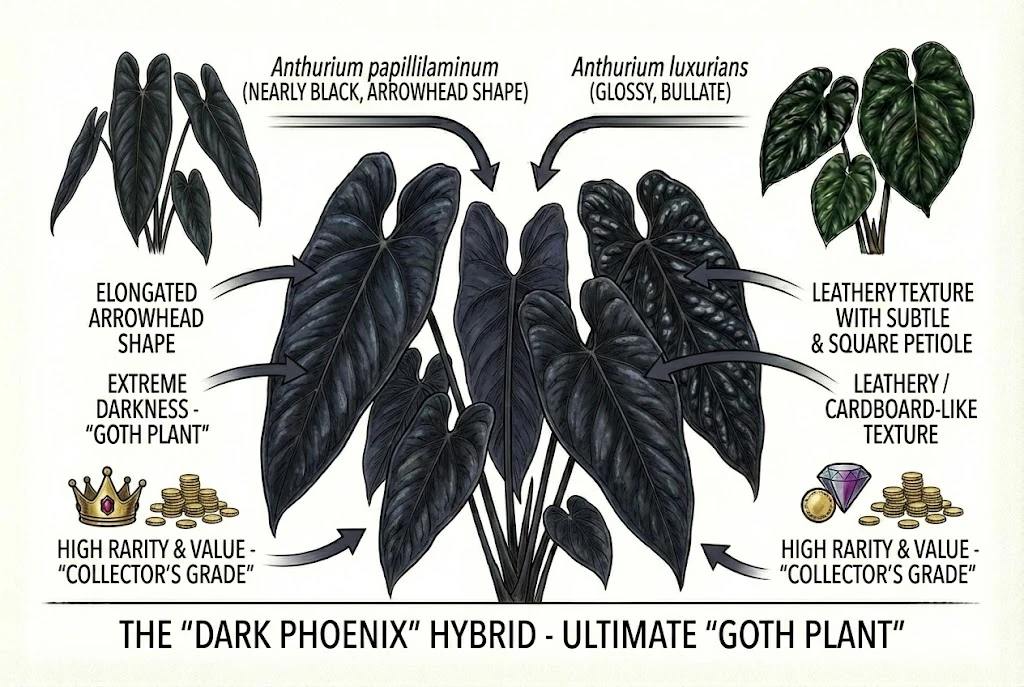 Conceptual illustration of Anthurium papillilaminum x luxurians and its parents, showing a dark, arrow-shaped leaf. One representative form; darkness and habit vary.