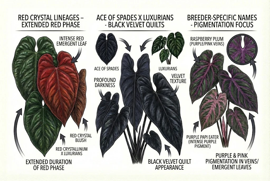 Conceptual illustration of named Anthurium clones. Do not read as a verified pedigree: several named lines shown are not luxurians crosses.