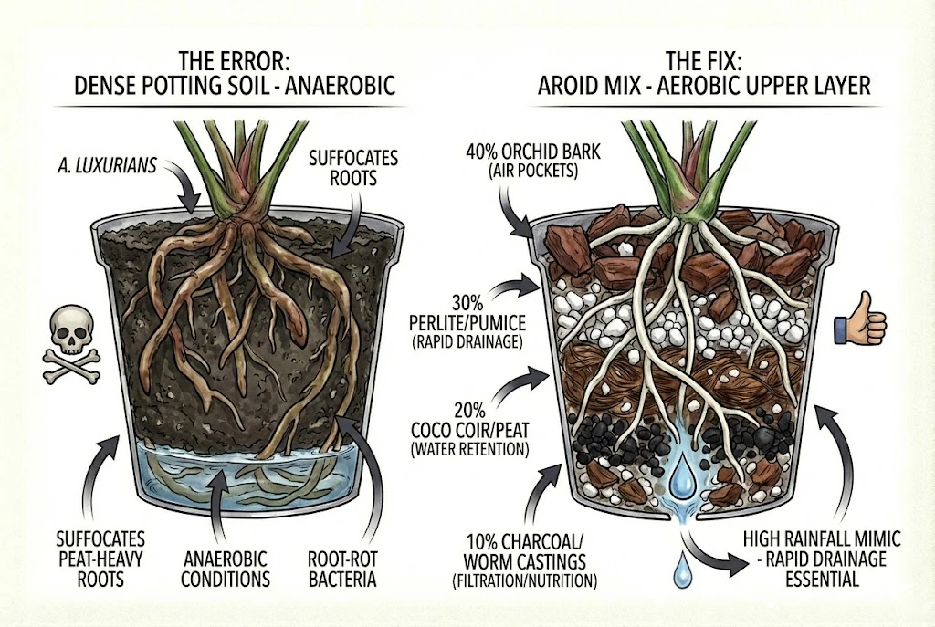 Conceptual comparison of dense, water-retentive soil versus a chunky, free-draining aroid mix.
