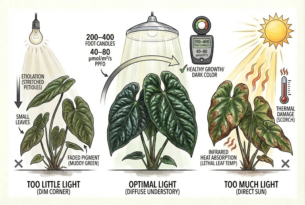 Conceptual diagram of low, moderate, and high light and their general effects on pigment and leaf health. Illustrative; the foot-candle to PPFD conversion shown is spectrum-dependent.