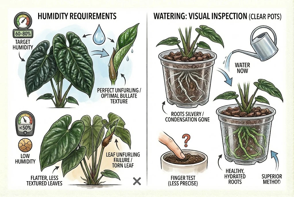 Conceptual diagram of humidity for leaf unfurling and using a clear pot to observe roots and moisture.