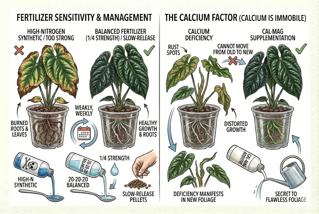 Conceptual diagram of dilute fertilizing and Cal-Mag supplementation. Rust spots have several possible causes and are not a specific sign of calcium deficiency.