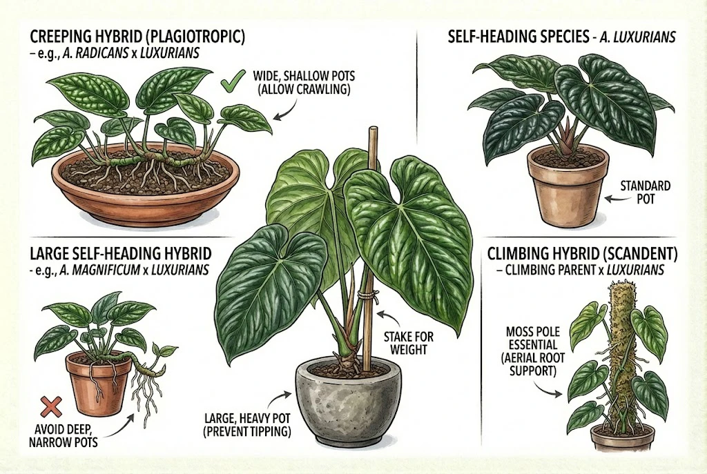 Conceptual diagram of creeping, self-heading, and climbing growth habits and matching pot choices. Tendencies, not fixed rules for every seedling.