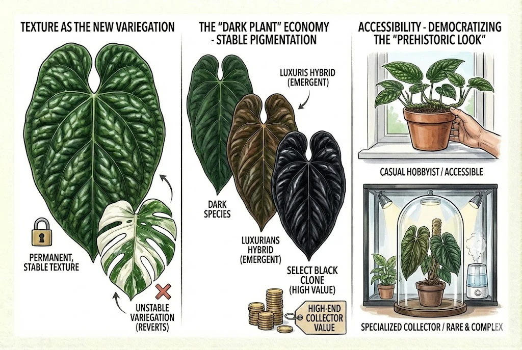 Conceptual diagram contrasting reverting variegation with textured foliage and noting demand for dark clones. Not based on market price data.