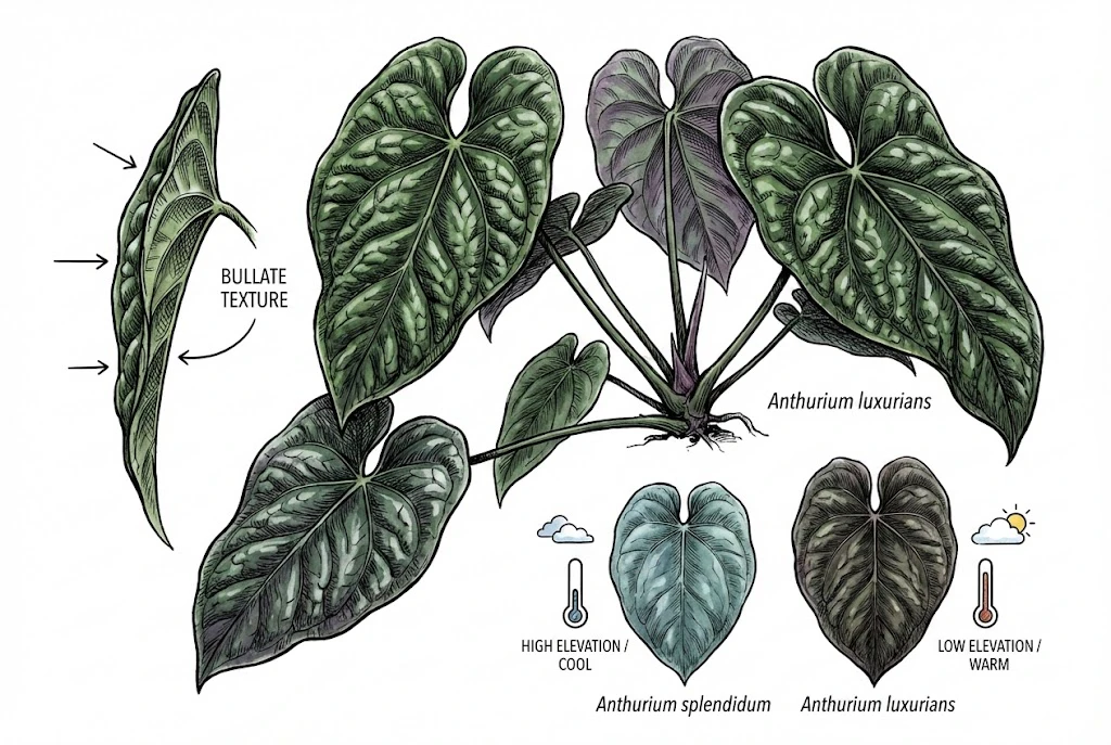 Conceptual illustration of Anthurium luxurians foliage alongside a comparison with the bullate species A. splendidum. Diagram, not a photograph of a documented specimen.