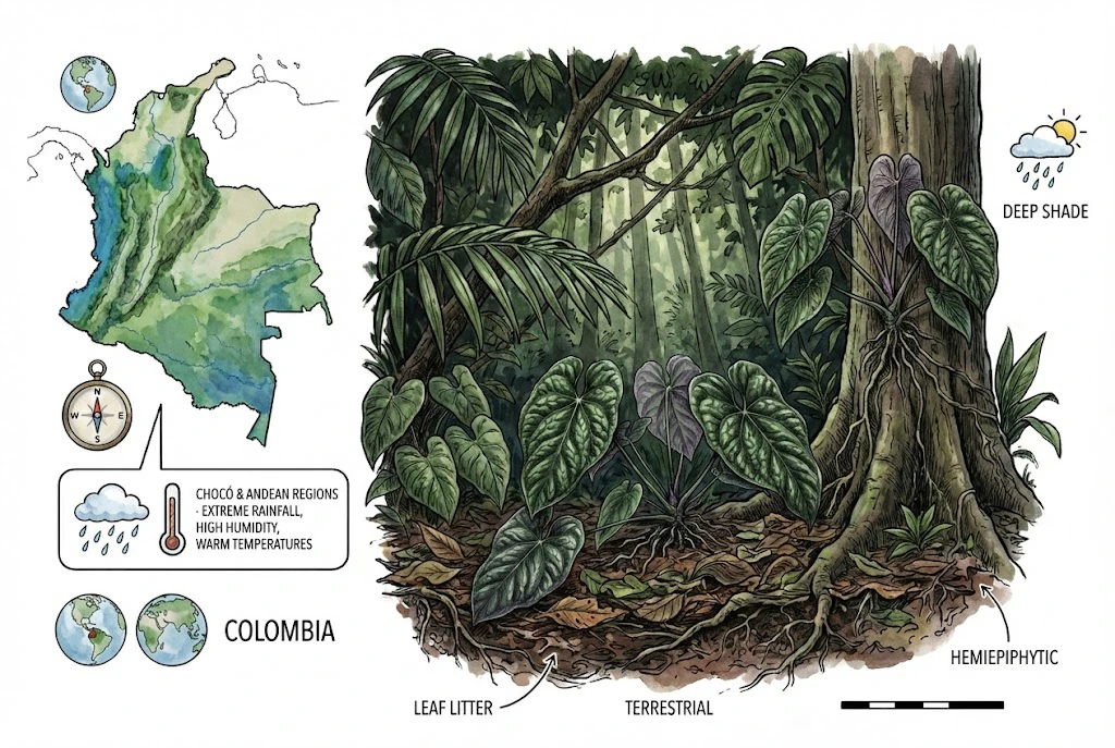Conceptual illustration of a Colombian rainforest habitat with terrestrial aroid growth. Stylized diagram, not a field photograph of a documented A. luxurians population.