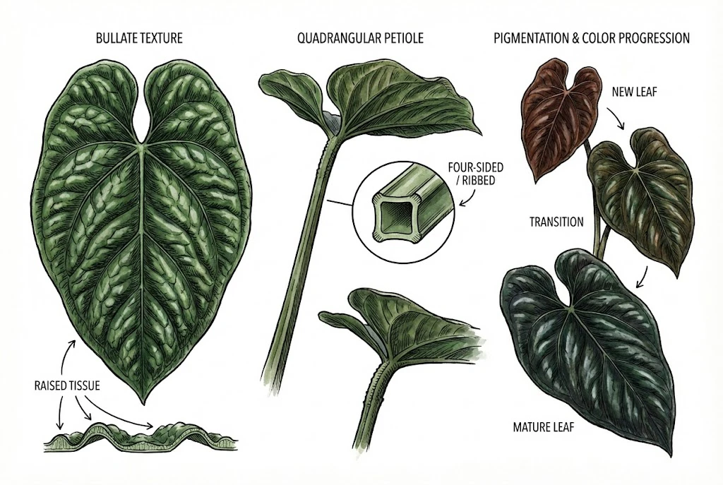 Conceptual illustration of Anthurium luxurians morphology: bullate leaf texture and leaf color progression. Diagram only; the petiole cross-section shown does not match the described ribbed, near-terete petiole.
