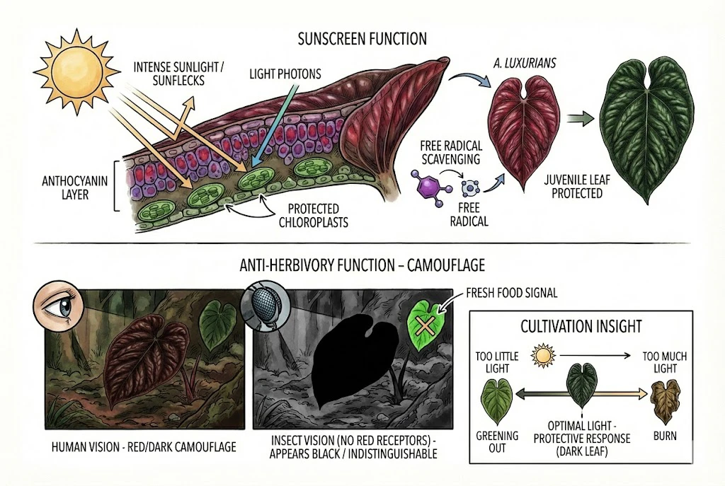 Conceptual diagram of proposed anthocyanin functions in leaves: sunscreen and herbivore camouflage. Illustrates general hypotheses, not measurements from A. luxurians.