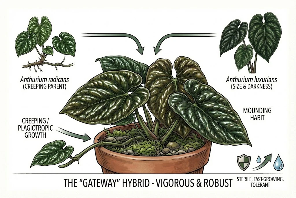 Conceptual illustration of Anthurium radicans x luxurians and its parents, showing a creeping habit. Represents one typical appearance, not every seedling.