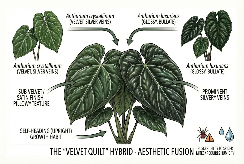 Conceptual illustration of Anthurium crystallinum x luxurians and its parents. One representative form; siblings vary.