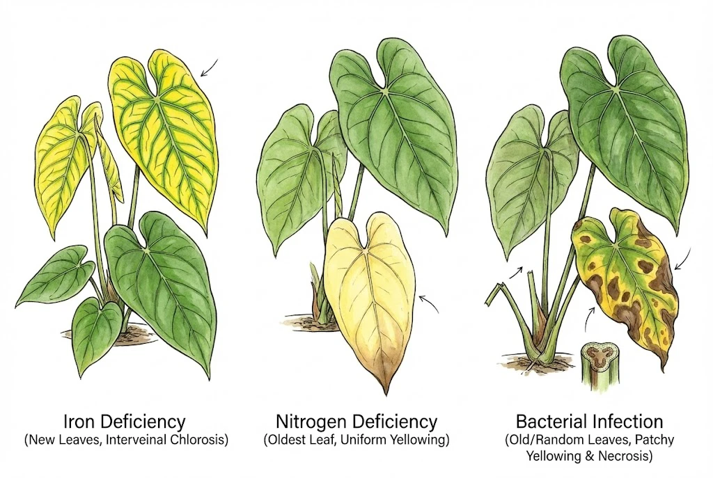 Iron-deficiency yellowing on new leaves compared with more general yellowing on older leaves.