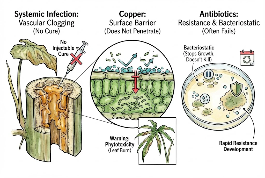 Illustration showing a copper spray as a surface barrier that does not reach bacteria already inside the leaf.