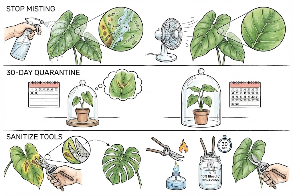 Illustration of cultural controls: keeping foliage dry with air movement, quarantining new plants, and disinfecting tools.