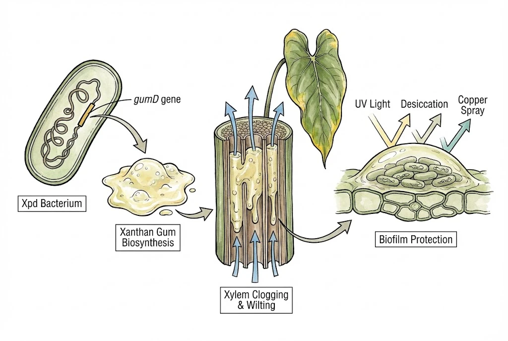 Diagram of Xanthomonas producing xanthan-gum slime that can form a biofilm and obstruct xylem vessels. A proposed mechanism, not fully demonstrated in the plant.
