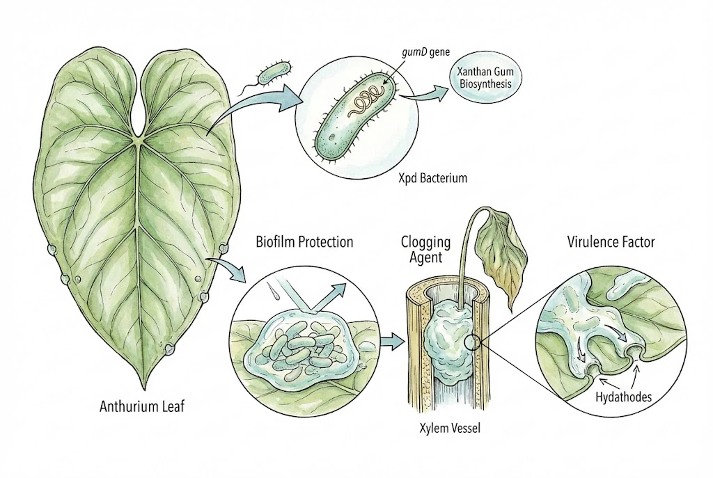 Diagram of Xanthomonas producing xanthan-gum slime associated with biofilm and possible xylem obstruction.