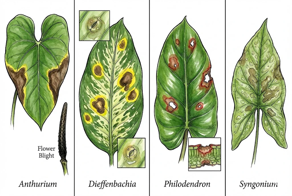 Comparison of Xanthomonas leaf-blight appearance across Anthurium, Dieffenbachia, Philodendron, and Syngonium.