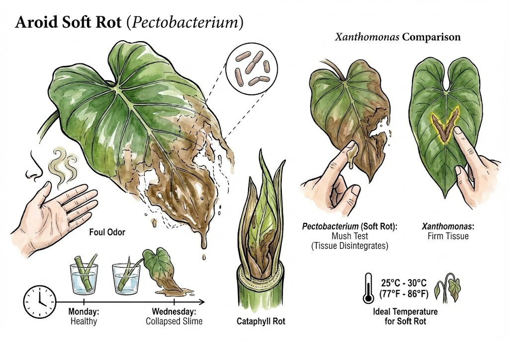 Soft rot showing mushy decay and slime on a stem and an unfurling leaf.