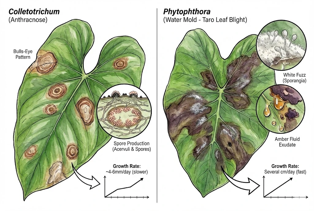 Illustration contrasting fungal concentric rings, Phytophthora white fuzz, and bacterial spots.
