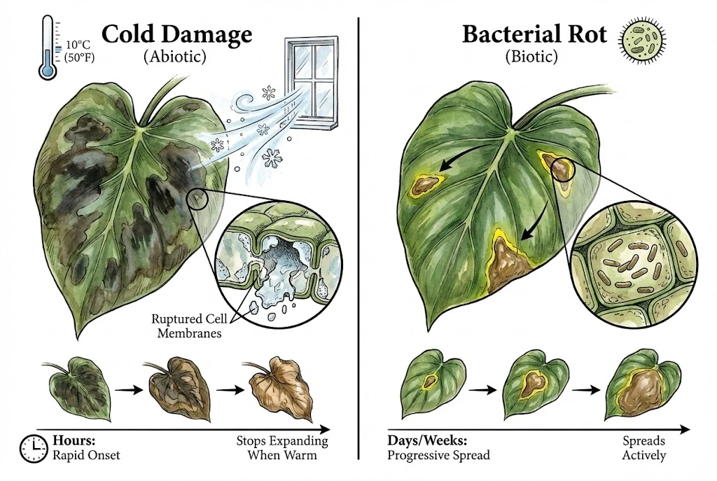 Dark, water-soaked necrotic patches on a leaf caused by exposure to cold temperatures.